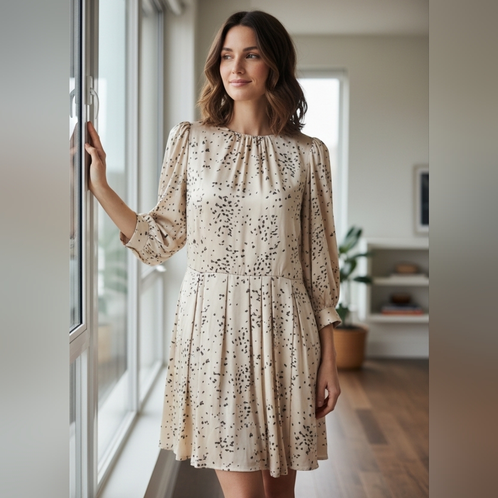 Rebecca Taylor Champagne & Black Knee Length Silk Dress Long Sleeves Lined 14